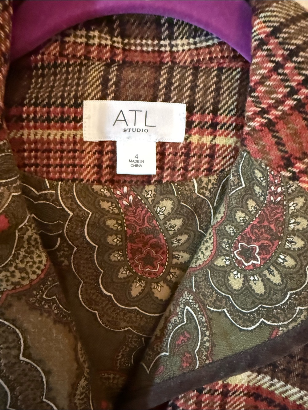 Plaid Tailored Blazer in Red & Brown with Paisley Collar - Picture 2 of 8